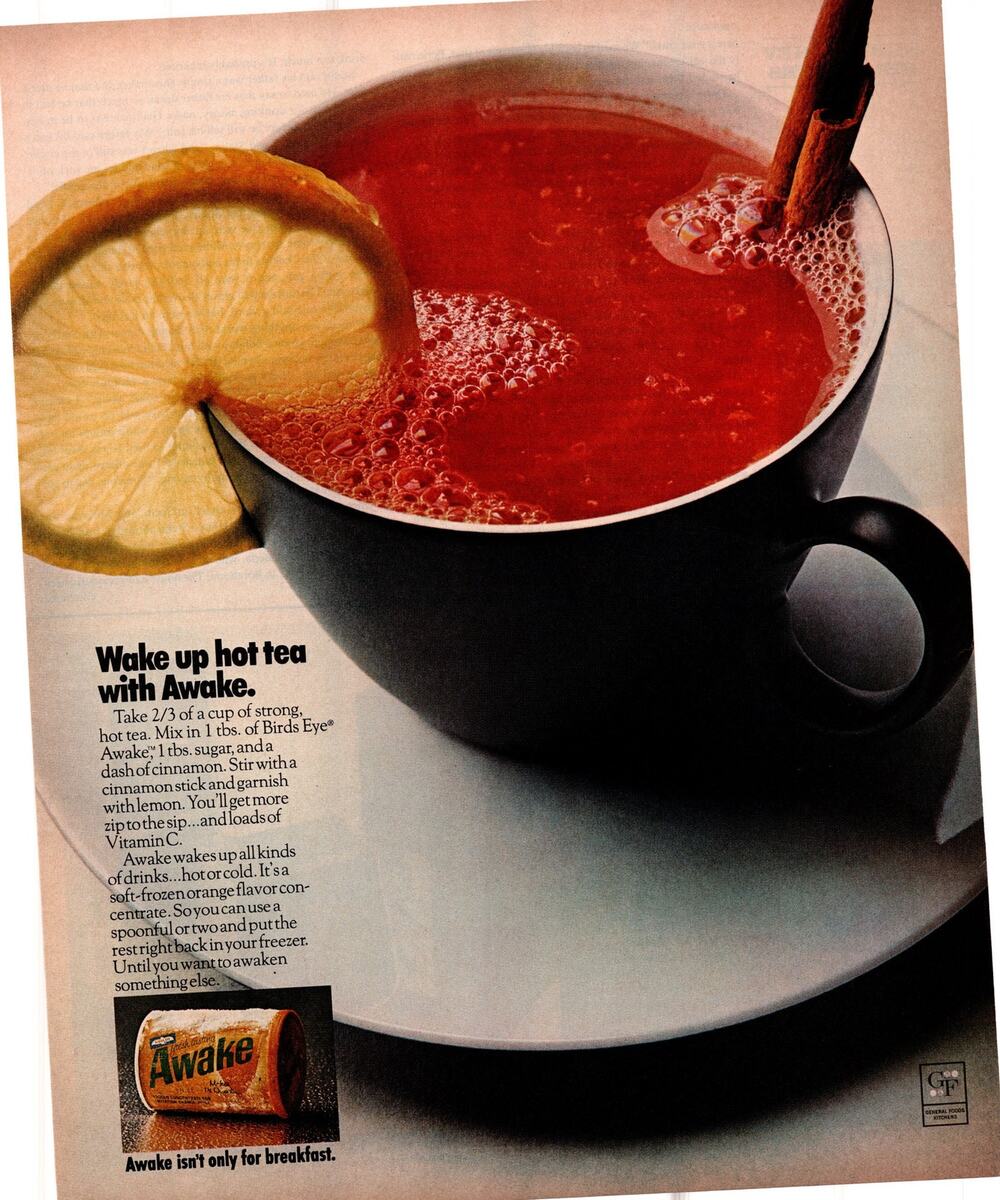 Birds Eye Awake Frozen Energy Drink Advertisement 1960s Vintage Orange Hot Tea